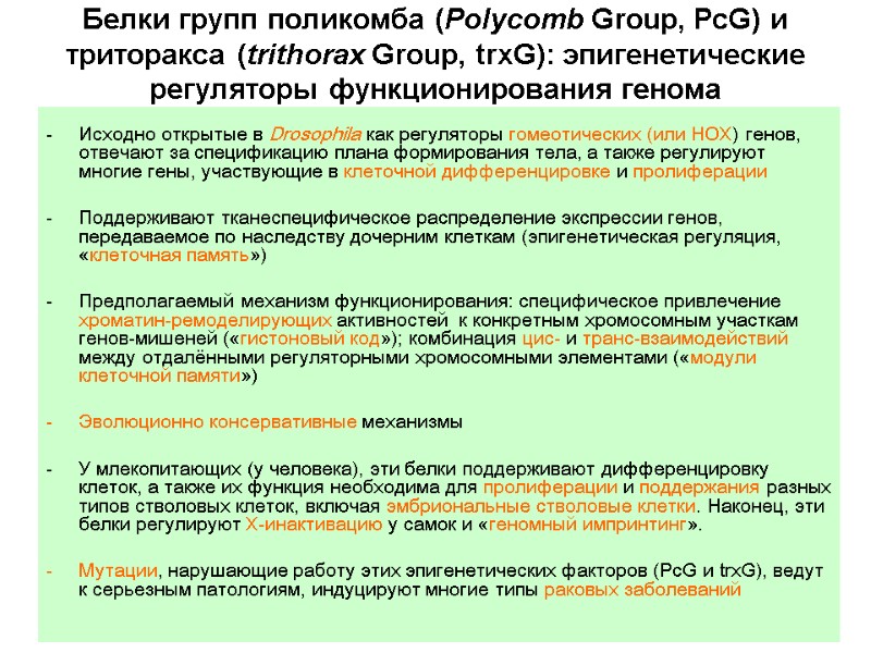 Белки групп поликомба (Polycomb Group, PcG) и триторакса (trithorax Group, trxG): эпигенетические регуляторы функционирования